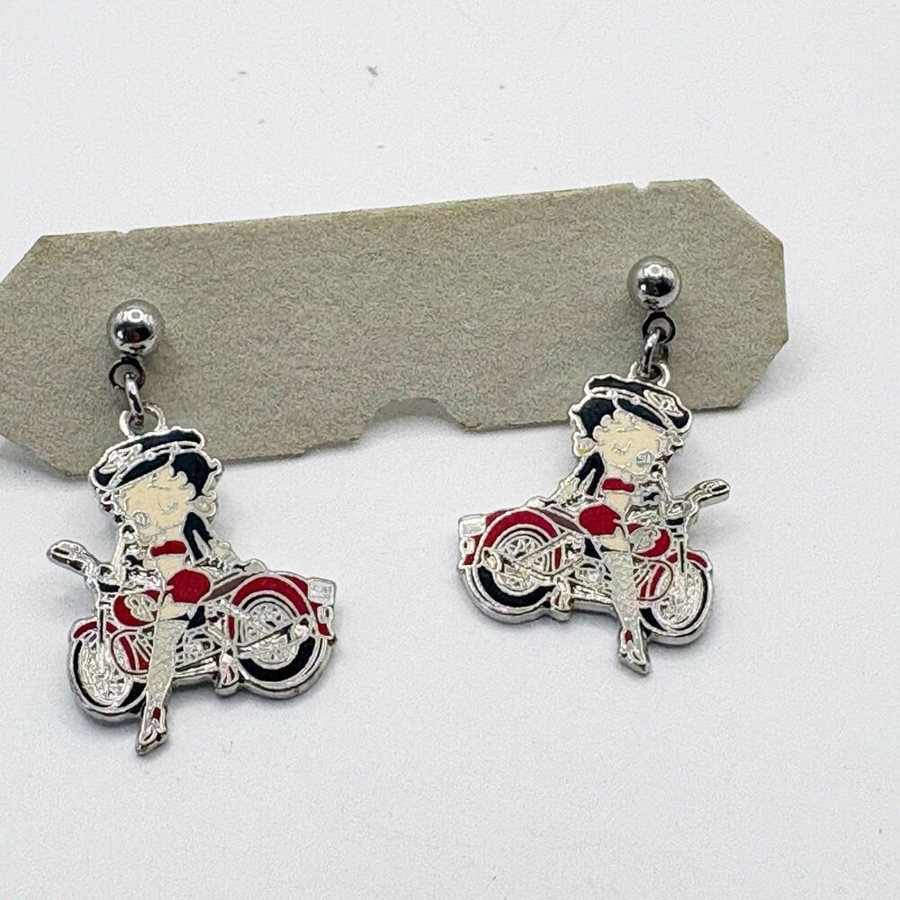 Betty Boop Motorcycle Pierced Dangle Earrings Silver Tone Biker Babe